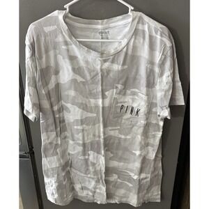 VS PINK Retired‎ Camo White Gray Campus Tee Women's Large T Shirt Short Sleeve